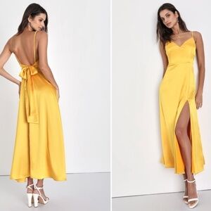 LULU's Prom Wedding Bridesmaid Glamorous Satin Open Tie Back Back Midi Dress